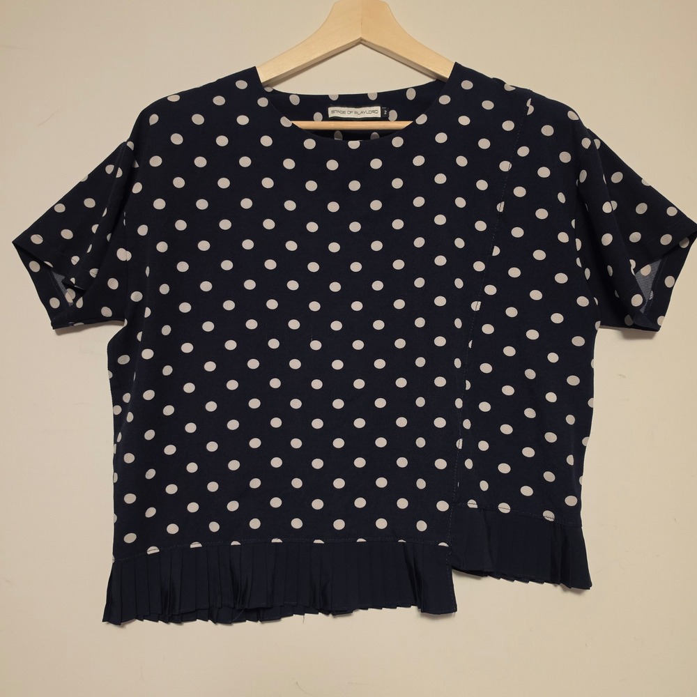 Stage of Playlord Polka Dot Pleated Hem Navy Blue White Short Sleeve Top Size 2